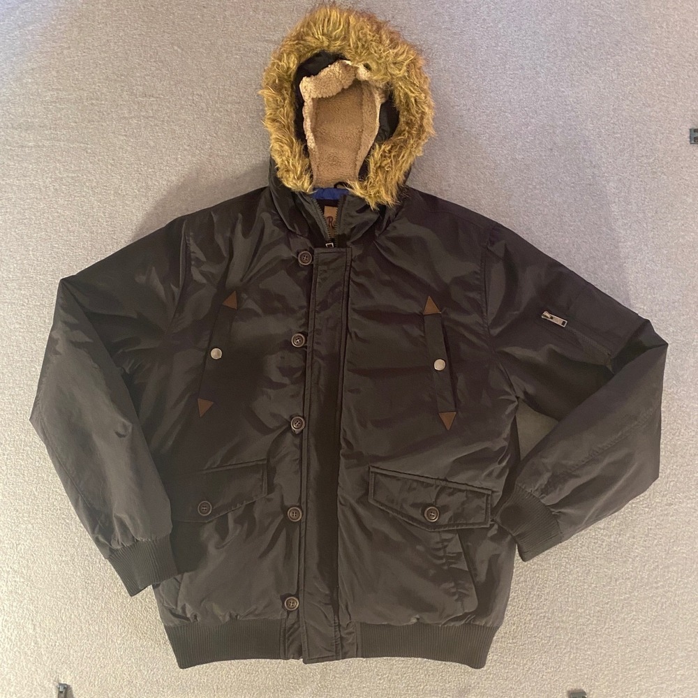 Roebuck & Co Mens Black Snorkel Coat Faux Fur Hood Bomber Parka Jacket large